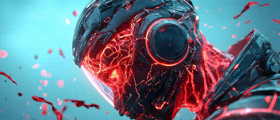 Poster - A futuristic cyborg head glows with internal energy. Suitable for sci-fi game assets concept art or digital backgrounds. The head is dark and sleek. 