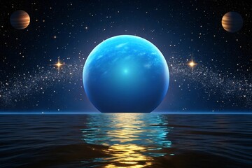 Wall Mural - celestial ocean blue planet rising over calm water starry night sky space scene