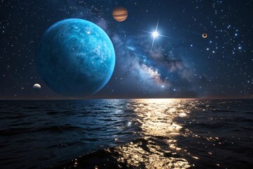 Wall Mural - enchanting night seascape with giant blue planet stars and milky way galaxy