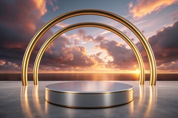 Wall Mural - elegant silver and gold podium on seascape background with sunset modern minimalist display