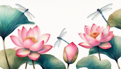 Wall Mural - design with pink lotus flower, leaves and dragonfly. oriental chinese and japanese style. w