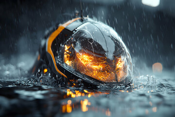 Poster - futuristic helmet partially submerged in water. orange and black details. dramatic rainy scene. coul
