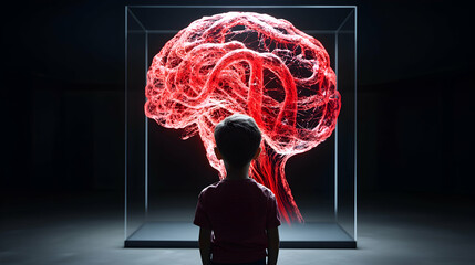 Poster - A child gazes at a glowing red brain model within a transparent box. A concept of knowledge exploration or neuroscience. Potential for educational material.