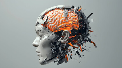 Poster - A cyborg head with an exposed glowing brain is depicted. This suggests advanced technology potentially for medical or futuristic applications. It could be used as a sci-fi theme.