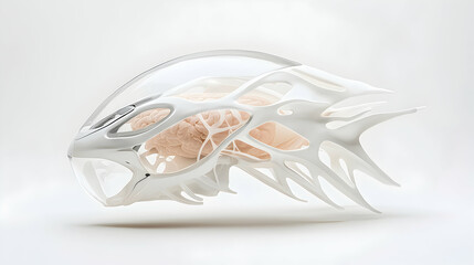 Poster - futuristic headgear concept showcasing a brain within a complex protective structure. great for scie
