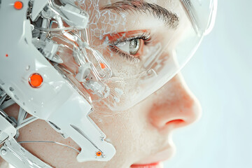 Poster - Futuristic cyborg with advanced tech integrated into the face. This image evokes a sense of technological advancement. Possible use in science fiction art or conceptual designs.