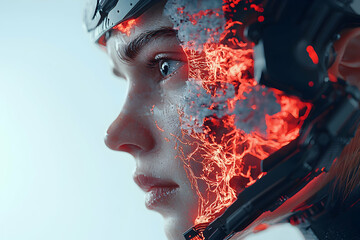 Poster - A futuristic cyborg portrait with glowing red energy overlaying the face. The person wears high-tech gear suggesting technological integration.  Use for sci-fi projects.