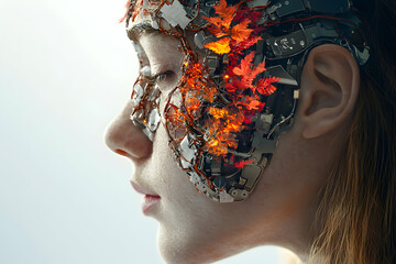 Poster - This image depicts a person with cybernetic enhancements and autumnal elements suggesting a fusion of technology and nature. It could inspire futuristic art and tech-themed projects.