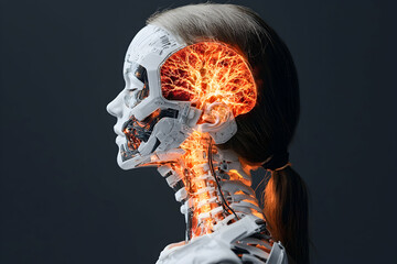 Poster - This image depicts a cyborg's head with a glowing brain and mechanical components. It suggests a future where humans merge with technology. It is great for sci-fi illustrations.