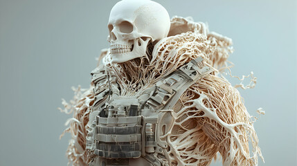 Poster - A striking 3D rendering of a skull wearing a tactical vest fused with organic matter. Great for sci-fi art horror concepts or game assets.