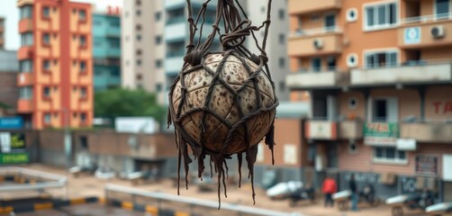 Mud-caked soccer net hangs against a gritty urban backdrop, showing game's intensity, post, wall