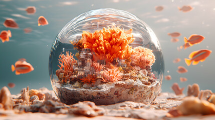 Poster - underwater fantasy scene with coral structures and cityscapes contained within a glass sphere. a sur