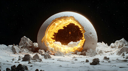 Poster - A surreal scene of a cracked sphere revealing a fiery interior against a star-studded backdrop. Evokes cosmic mysteries for science fiction or art projects.