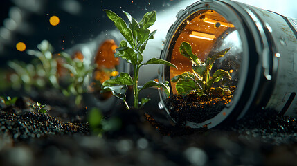 Poster - a futuristic hydroponics setup growing plants. suggests innovative agriculture or space-based farmin