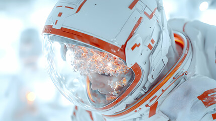 Poster - An astronaut's face is covered in glowing particles. This could represent a sci-fi concept of mental exploration or a medical visualization.