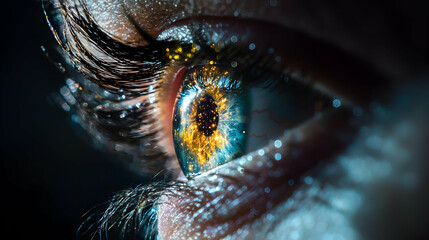 Poster - A stunning macro shot of an eye with glowing particles. Ideal for fantasy art promotional material or science fiction concepts. Captivating detail and color.