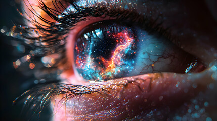 Poster - A mesmerizing close-up of an eye reflecting a galaxy. Great for artistic wallpapers or book covers conveying cosmic wonder and imagination.
