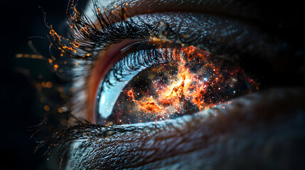 Poster - A captivating eye featuring a galaxy reflection. It symbolizes wonder imagination and the vastness of inner and outer space. Use it for space themed art.