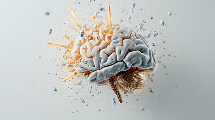 Poster - A conceptual image of a brain. It features a brain exploding with golden elements and surrounding debris suggesting cognitive function or thought processes. Use it for neuroscience concepts.