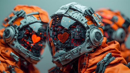 Poster - Futuristic astronauts with glowing hearts in their visors. Use for sci-fi romance or tech-themed Valentine's Day content. Express love in a digital age.