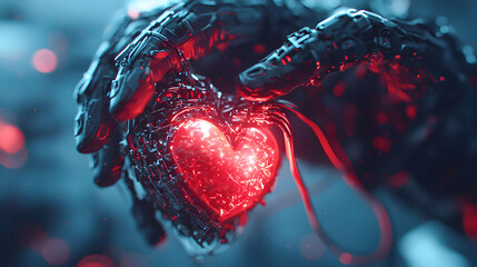 Poster - a futuristic hand holds a glowing heart. it symbolizes the intersection of technology and love. grea