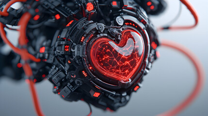 Poster - a futuristic heart concept. it appears to be mechanical with glowing red lights. great for tech or m