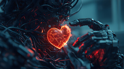 Poster - A futuristic cyborg holds a glowing heart. It represents artificial intelligence emotion and connection. Use this as a concept for tech marketing or emotional AI projects.