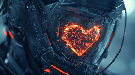 Poster - a futuristic helmet with a glowing heart emblem. this could be a promotional image for a science fic
