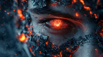 Poster - A cyborg eye glows intensely amidst a crumbling metallic surface. Perfect for sci-fi book covers or digital art projects exploring themes of technology or transformation.