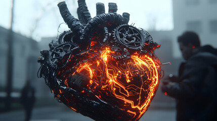 Poster - a detailed futuristic heart model combining mechanics with glowing circuitry. could be used in medic