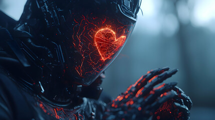 Poster - cybernetic being displays a glowing heart shape within its helmet. the image suggests themes of arti