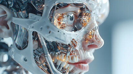 Poster - this image depicts a futuristic cyborg with human features. it could be used in science fiction conc