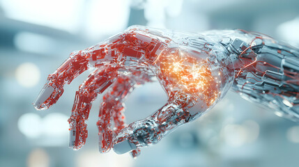 Poster - A futuristic robotic hand with glowing circuitry. Ideal for sci-fi projects medical tech or illustrating advanced technology concepts.