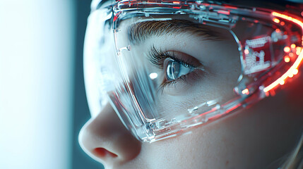 Poster - a close-up of a person wearing futuristic technology eyewear with glowing lights perfect for science