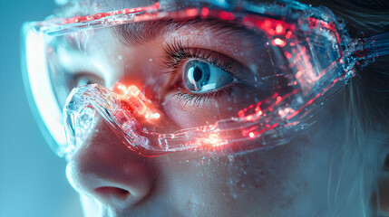 Poster - close-up of a person wearing futuristic glowing goggles. ideal for sci-fi themes or technology. grea