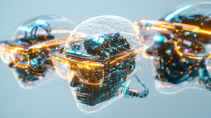 Poster - Futuristic digital heads wearing virtual reality headsets. It could be used as an advertisement for technology innovation or gaming. Showcasing future tech and virtual reality.