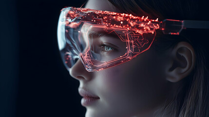 Poster - a futuristic portrait showcasing a person wearing high-tech glasses with glowing red circuits. ideal