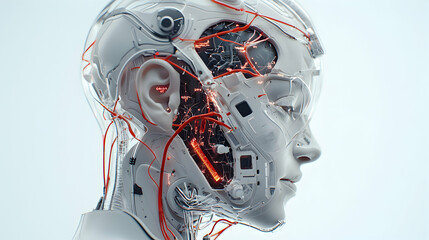Poster - a futuristic cyborg head with visible circuitry and a sleek design. ideal for science fiction art co