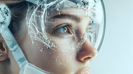 Poster - A futuristic close-up featuring a person wearing a high-tech transparent helmet. Lines and circuits overlay the face hinting at advanced technology use. Application: Futuristic sci-fi concepts.