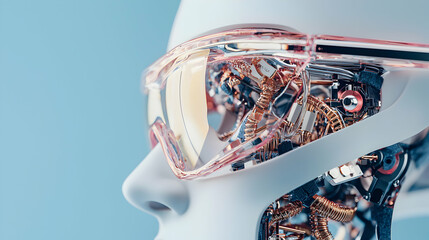 Poster - this image depicts a futuristic concept. it shows a head with transparent glasses and complex intern