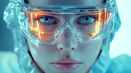 Poster - a close-up portrait featuring a person wearing futuristic safety goggles. the goggles reflect orange