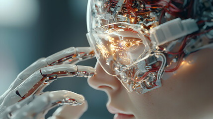 Poster - a futuristic cyborg with a transparent skull and exposed wiring. the scene evokes themes of technolo