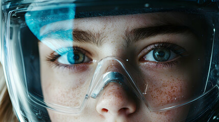 Poster - A close-up of a person in a futuristic helmet their eyes in focus. Could be used for sci-fi movie posters or book covers about space travel or survival