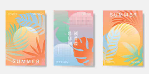 Wall Mural - abstract colorful gradient summer card background set. minimalist poster with flower and foliage. mo