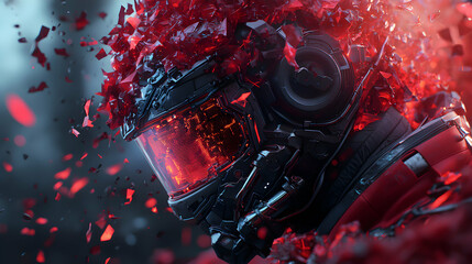 Poster - A futuristic helmet with red shards exploding showcasing a science fiction or technological theme. Suitable for game art or a sci-fi movie poster.