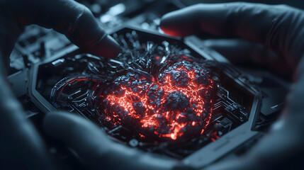 Poster - a glowing technological heart is cradled by hands. perfect for sci-fi concept art promoting advanced