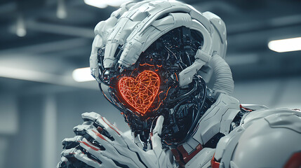 Poster - A futuristic robot head features a glowing heart implying emotions in a mechanical being. Perfect for sci-fi art or tech-related projects.
