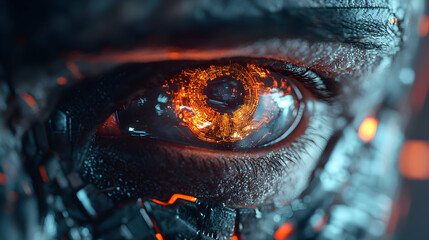 Poster - A cybernetic eye with intricate circuitry glowing a vibrant orange. Perfect for futuristic sci-fi artwork or a unique digital design project showcasing advanced technology.