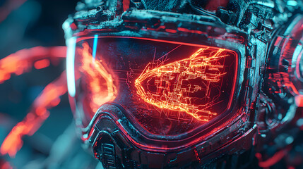 Poster - Futuristic cyberpunk vision with glowing circuits inside a helmet. It's a technological marvel perfect for sci-fi game concepts and digital art projects.