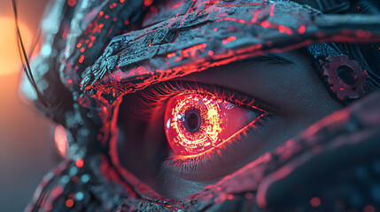 Poster - Cybernetic eye glows red a futuristic close-up. Suggests advanced technology augmented human vision. Could be used in cyberpunk art or game design.